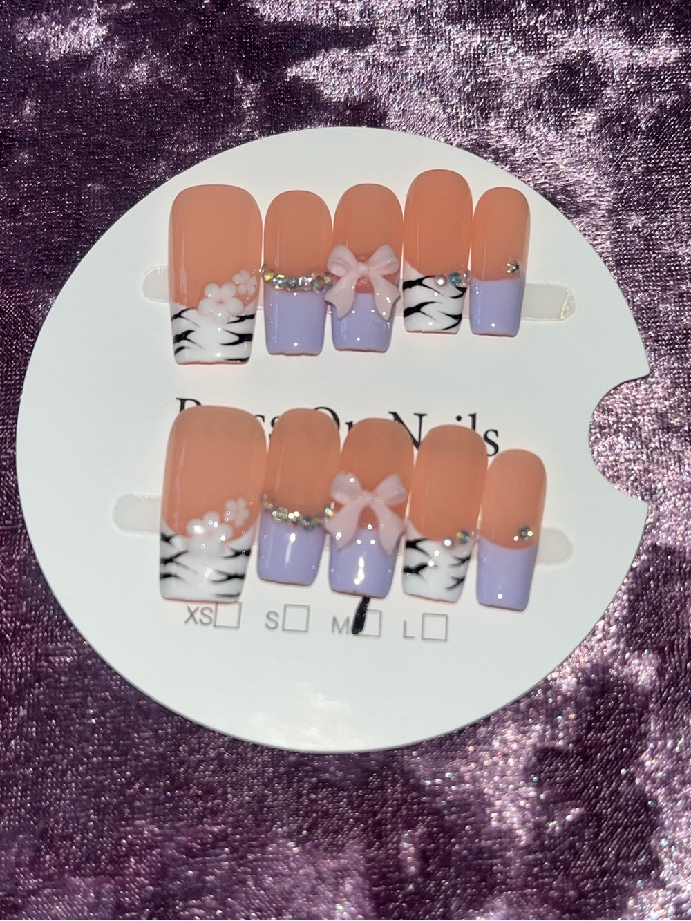 Peach & Lilac Zebra Press-On Nails with 3D Bows